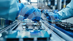 Workers on the assembly line install chips on chips