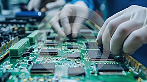 Workers on the assembly line install chips on chips