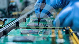 Workers on the assembly line install chips on chips