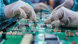 Workers on the assembly line install chips on chips