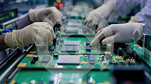 Workers on the assembly line install chips on chips