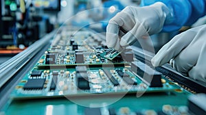 Workers on the assembly line install chips on chips