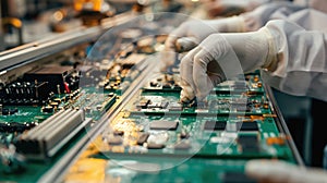 Workers on the assembly line install chips on chips