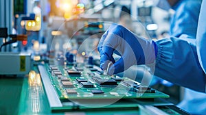 Workers on the assembly line install chips on chips