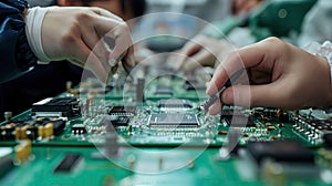 Workers on the assembly line install chips on chips