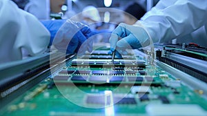 Workers on the assembly line install chips on chips