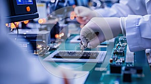 Workers on the assembly line install chips on chips