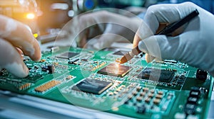 Workers on the assembly line install chips on chips