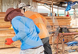 Workers is bending rebars with human force
