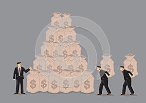 Workers Bringing Bags of Money to Business Man Vector Illustration