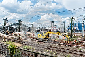 Workers build new rail tracks in Cologne / Germany in Juni 2019