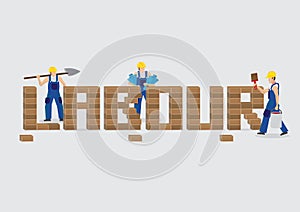 Workers Building Word Labour with Bricks Cartoon Vector Illustraiton