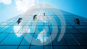 Workers cleaning windows on a modern skyscraper