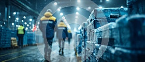 Workers in Cold Storage Facility with Ice Crates