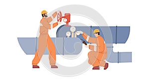 Workers control work of pipeline, open valve, inspect measuring tools and equipment. Inspection and maintenance of water