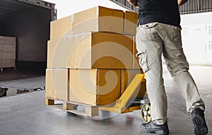 Workers Courier Unloading Packaging Boxes on Pallet into Cargo Container Trucks. Shipping Warehouse. Delivery Service Shipment Box