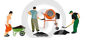 Workers crew with shovel put gravel in concrete mixer vector illustration. Working on construction site. Laborer man with spade.