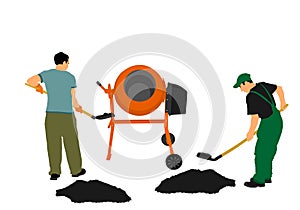 Workers crew with shovel put gravel in concrete mixer vector illustration. Working people.