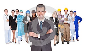 Workers of different professions together on white