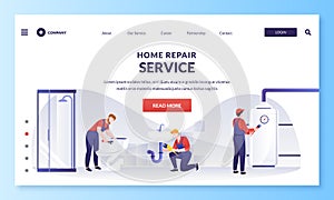 Workers does house fixing works. Plumber repairs toilet tank, sink, plumbing pipes, water heater. Vector illustration