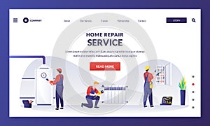 Workers does house service fixing works. Vector flat cartoon illustration. Home maintenance service concept