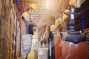 Workers Doing Inventory Management of Packaging Boxes in Storage Warehouse. Supply Chain. Shipment Goods Boxes Distribution Center