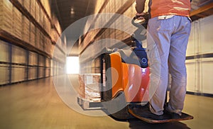 Workers Driving Forklift Pallet Jack Unloading Cargo Boxes on Pallet. Supply Chain Shipping Warehouse. Delivery. Shipment Goods.