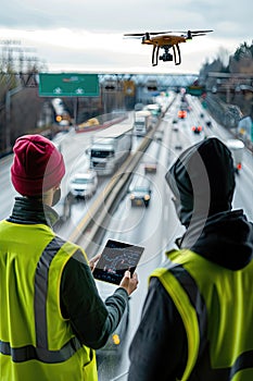 Workers with drone and tablet monitoring highway traffic in daylight.