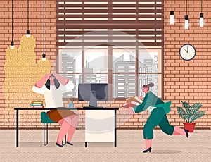 Workers and failure deadline, woman holding head, woman with folders running, panic, stress