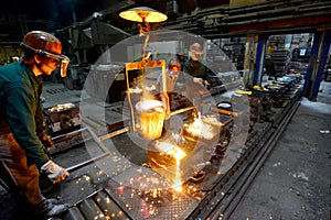 Lavoratori fonderia occupazione metallo pezzo sul un lavoro di squadra 