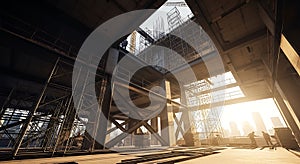 Workers framed by massive steel construction structure