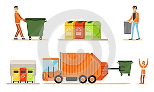 Workers and garbage collection equipment. Set of vector illustrations.