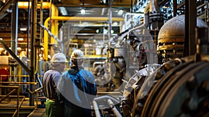 Workers in hard hats and aprons scurry around monitoring and maintaining the complex machinery