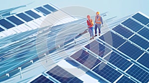 Workers in hardhats inspecting and maintaining rows of sleek black solar panels installed on a warehouse roof. .