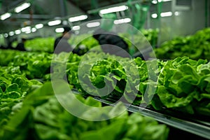 Workers harvest fresh green salad in modern production facility