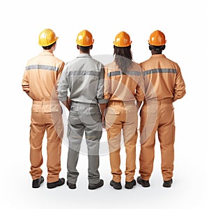 Workers in helmets isolated on white background. Copy space. Generative AI