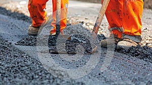 Workers in high visibility clothing applying fresh asphalt on the road with shovels.