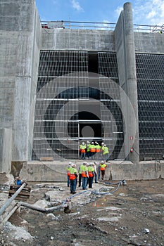 Workers at hydropower plant building