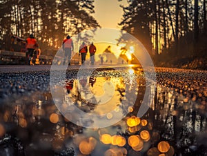 Workers inspecting a road at sunset with reflections on a water puddle