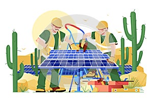 Workers install solar panel in desert