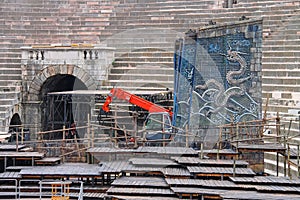 Workers install a theatrical stage for the festival in Verona