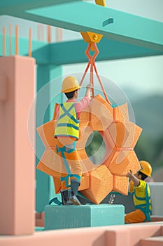 Workers installing modular components in a construction project that employs biomimicry techniques to ensure top quality and photo