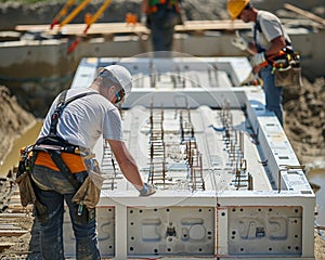 Workers installing modular components in a construction project that employs biomimicry techniques to ensure top quality and photo