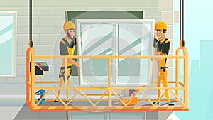Workers Installing Window on Construction Vector