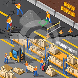 Workers Isometric Banners Set