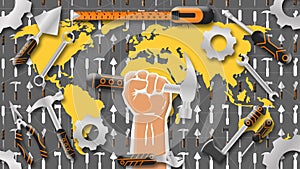 workers and labour day animation with hammer holding hand and world map