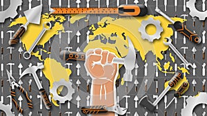 workers and labour day animation with hammer holding hand and world map