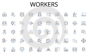 Workers line icons collection. ATM, Teller, Counter, Vault, Cashiers, Loans, Deposits vector and linear illustration