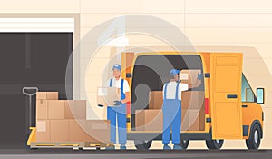 Workers load a delivery van with goods from a warehouse. Distribution of goods, e commerce, online orders from the marketplace.