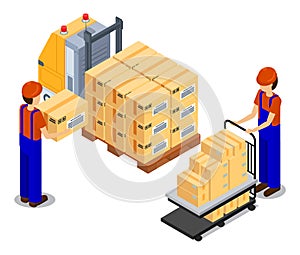 Workers loading boxes at forklift with pallet with card boxes, postal transportation, delivery